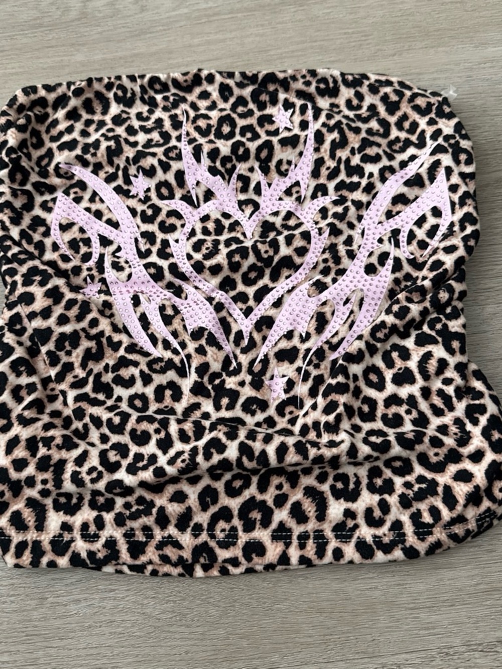 Leopard Print Strapless Crop Top with Pink Rhinestone Heart Flame